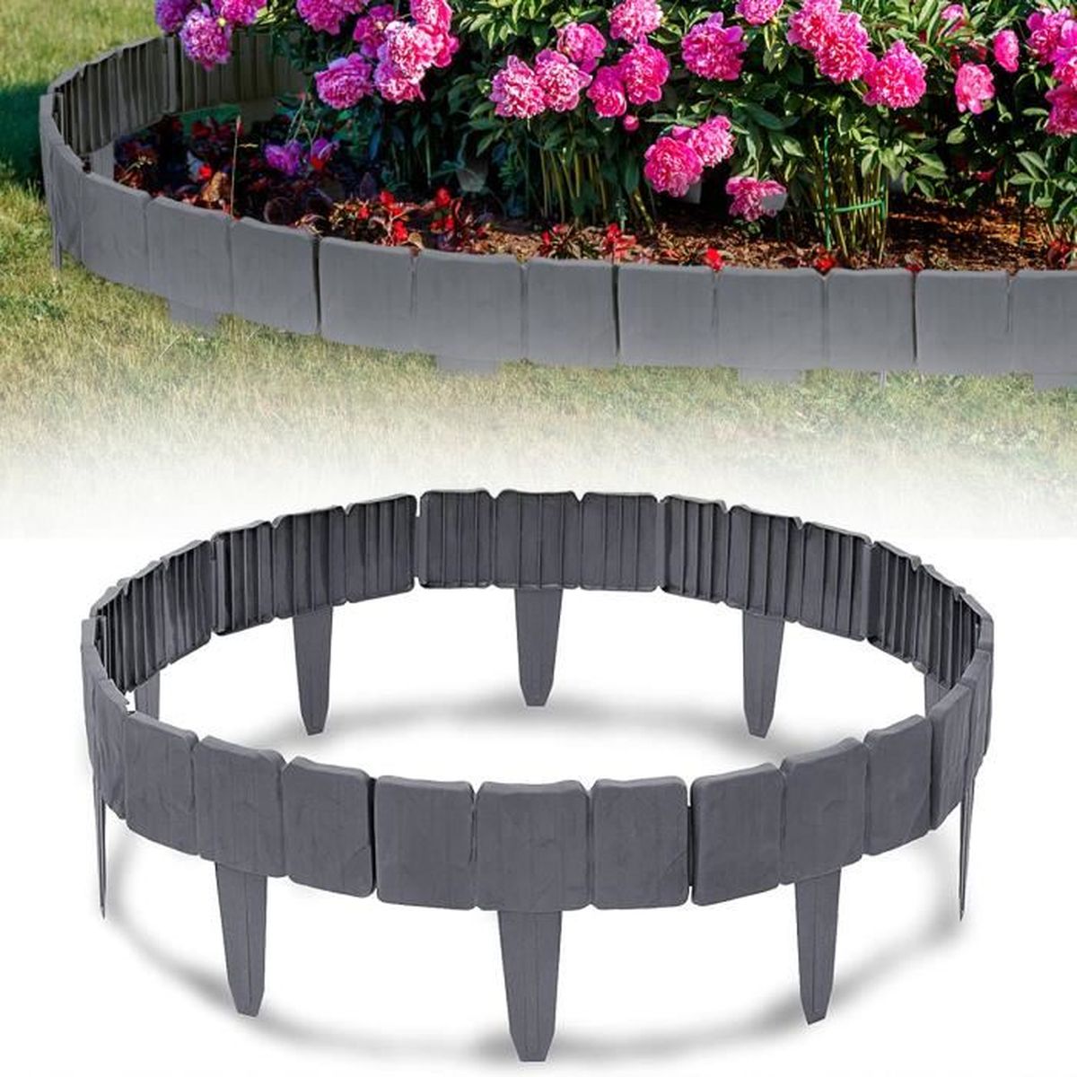Bordure De Pelouse HENGMEI 19.6 M - 70 Pièces Imitation Bois Anthracite - Plastique PP Résistant - Installation Simple Sans Outils