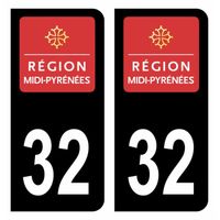 Autocollant Stickers plaque d'immatriculation voiture département 32 Gers Logo Ancienne Région Midi-Pyrénées Noir Couleur