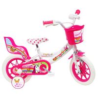 Vélo enfant Fille 12'' LICORNE/UNICORN - Blanc & Rose - 1 Frein - Panier avant et porte poupée