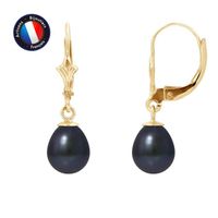 PERLINEA - Boucles d'Oreilles Dormeuses - Véritables Perles de Culture d'Eau Douce Noires Noires Poires 7-8 mm - Or Jaune - Bijoux