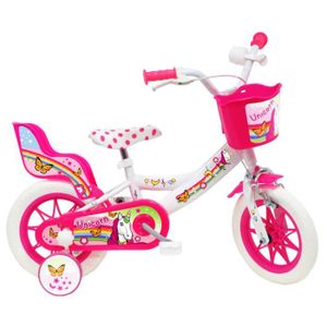 VÉLO ENFANT Vélo enfant Fille 12'' LICORNE/UNICORN - Blanc & Rose - 1 Frein - Panier avant et porte poupée