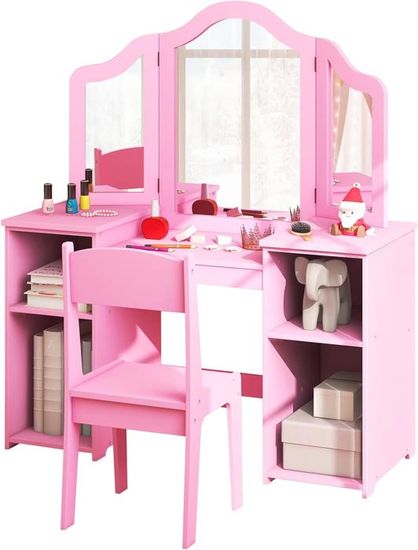 2 en 1 Bureau Enfant avec Chaise & Miroir en Forme Nuage, Coiffeuse Enfants avec Étagère & Tiroirs & Armoire Fermée, Charge 50kg | Leroy Merlin