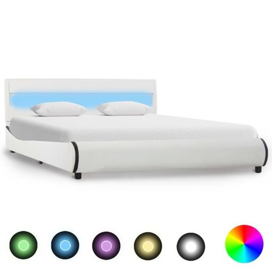 360CAMILLE Cadre de lit avec LED 140x200 cm•Apprécié Cadre de lit Double Adulte Enfant Nécessaire -Blanc Similicuir 140 x 200 cm
