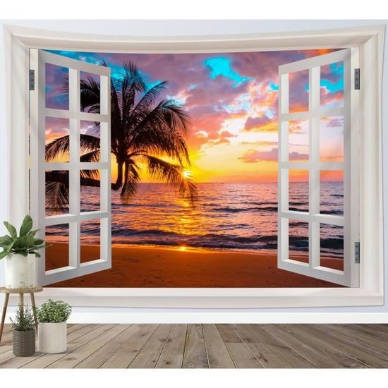 Tenture Murale Plage Et Mer Bleue 3D - 220x240 Cm, Tissu Polyester, Décoration Pour Salon Ou Chambre