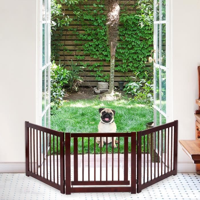 DREAMADE Barrière de protection pour chiens pliable, grille de protection pour chiens en bois massif, panneaux pivotants