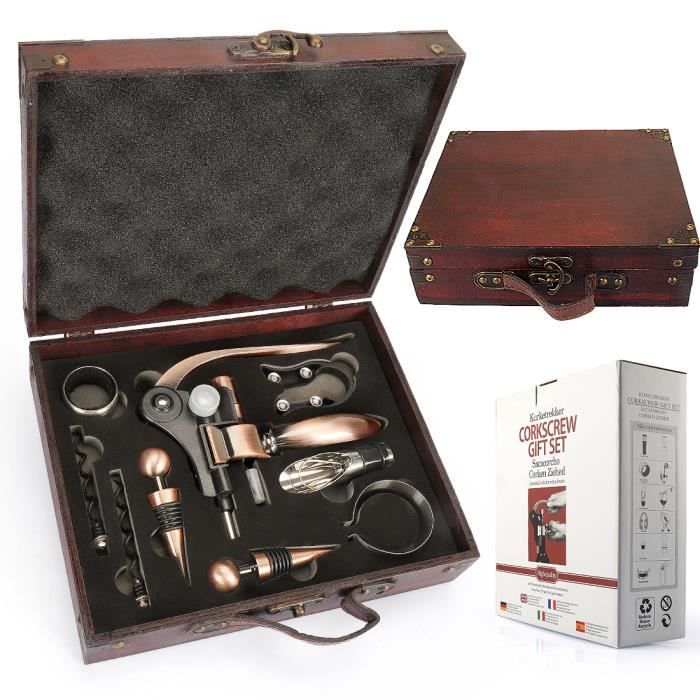 YOBANSA Ensemble-cadeau d'accessoires pour le vin avec coffret en bois antique, kit d'ouvre-bouteille, tire-bouchon, bouchon,verseur