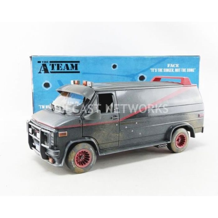 Voiture Miniature de Collection - GREENLIGHT COLLECTIBLES 1/18 - GMC A Team Version Trouee - Van Agence Tous Risques - Black / Red