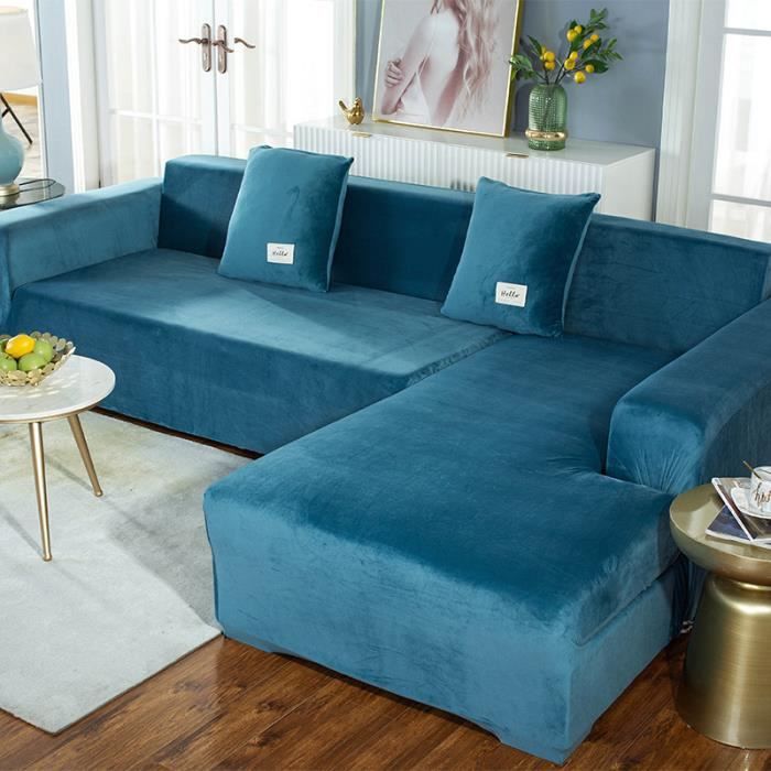 Housse de canapé en forme de L en peluche épaisse de couleur unie, sac universel simple tout-en-un élastique antidérapant - Bleu