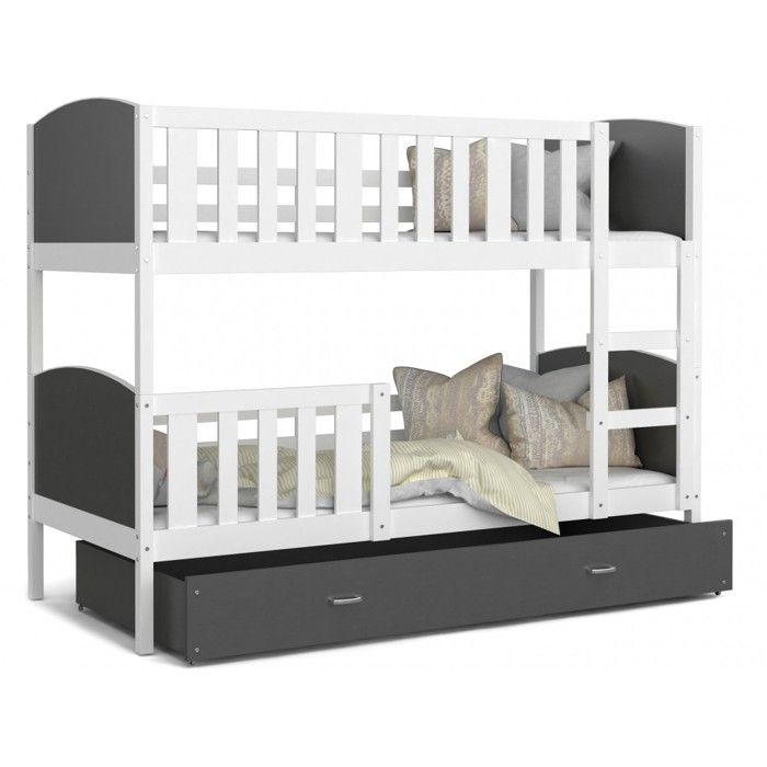 Lit superposé Tomy 90x190 BLANC GRIS Livré avec tiroir, 2 sommiers et 2 matelas en mousse de 7cm OFFERTS