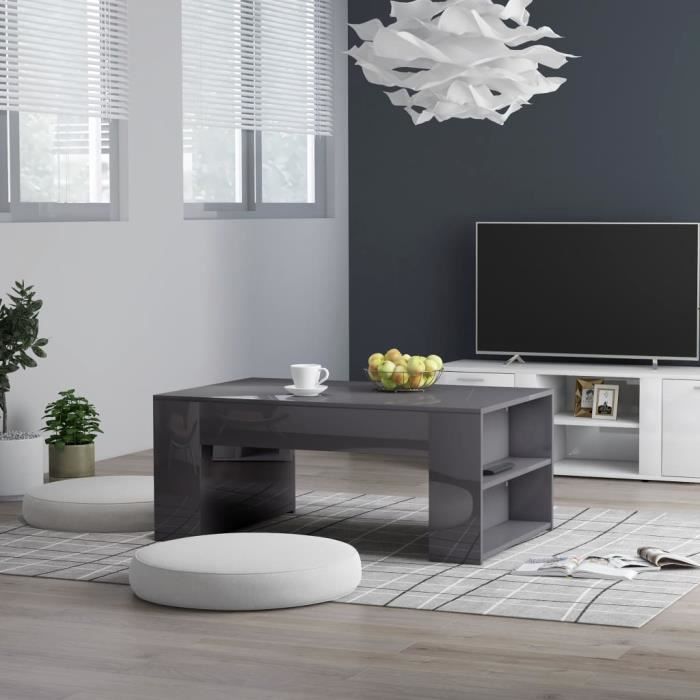 Table basse design industriel Table de Salon contemporain Cafén Gris brillant 100x60x42 cm Aggloméré