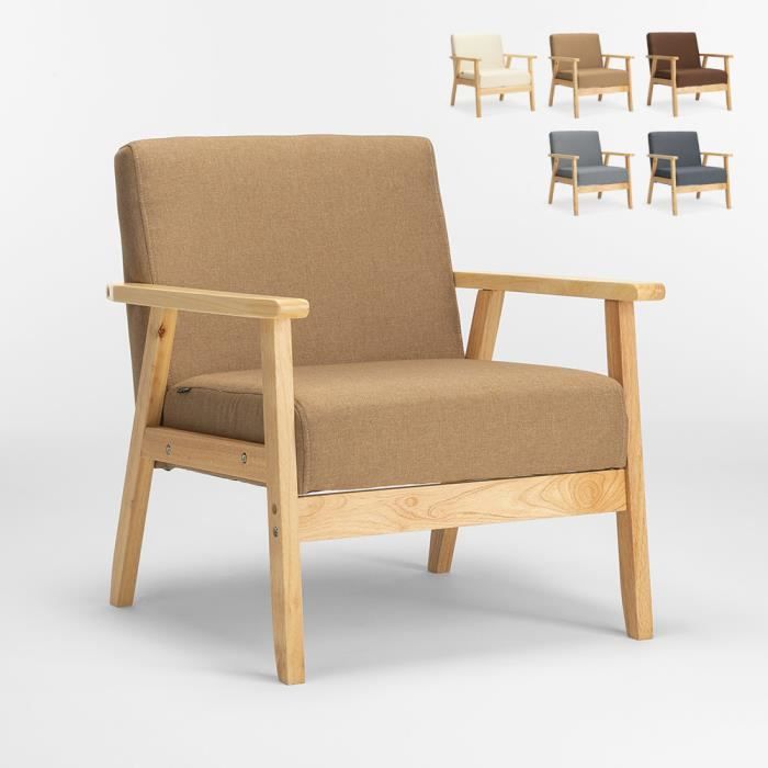 Fauteuil Chaise scandinave design vintage en bois avec accoudoirs Uteplass, Couleur: Beige