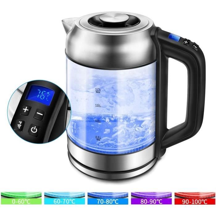 Bouilloire Électrique en Verre Inox 1, 7L Bouilloire Thermostat Réglable 60-100°C