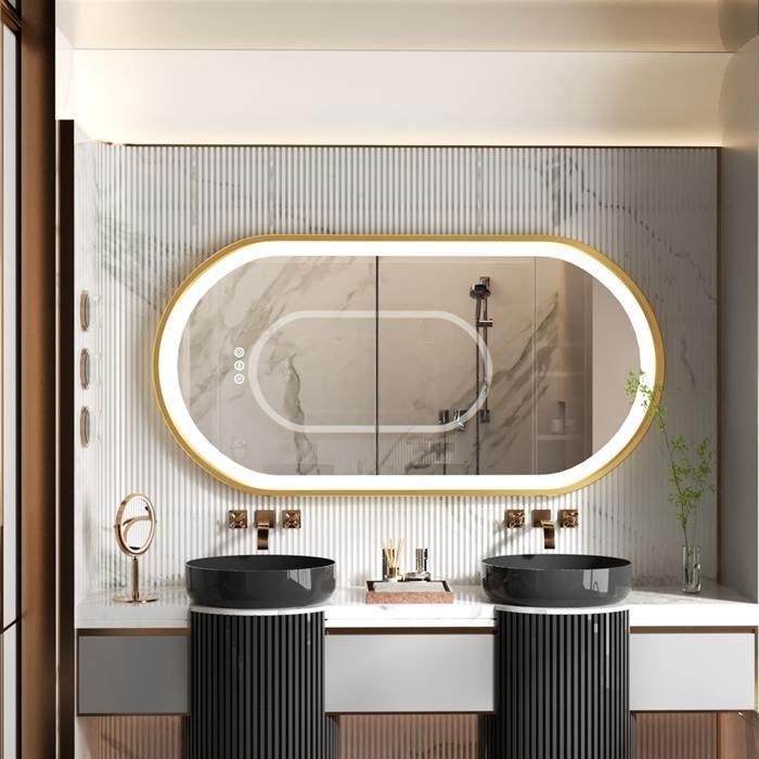 Miroir Mural Salle de Bain Ovale avec Cadre Doré Éclairage Intégré avec Anti-buée 120 x 60 cm