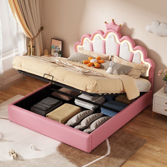 lit enfant rembourré 140 x 200 cm, lit de rangement, cadre de lit double en cuir pu avec éclairage led, sommier à lattes,rose