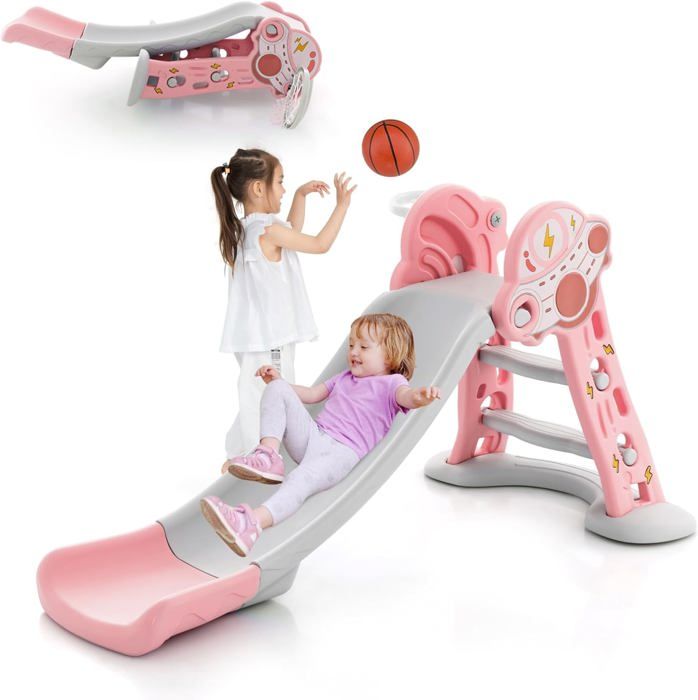 Homasis Tobogán Infantil 9 En 1 Con Canasta, Volante Y Túnel – Parque De Juegos De HDPE Para Interior Y Exterior, A Partir De 1 Año (Rosa)