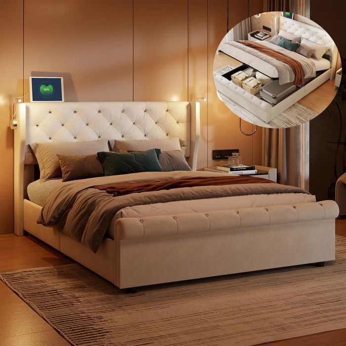 Lit coffre double 140 x 190 cm en velours beige Coffre de rangement avec lampe de lecture et USB Sommier à lattes Sans matelas