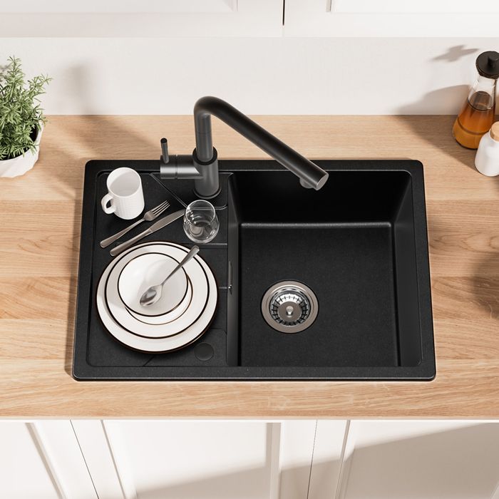 Évier de Cuisine en Granit - DERW MAX - 1 Bac Noir - 65x45CM - Résistant aux Chocs - Égouttoir Réversible