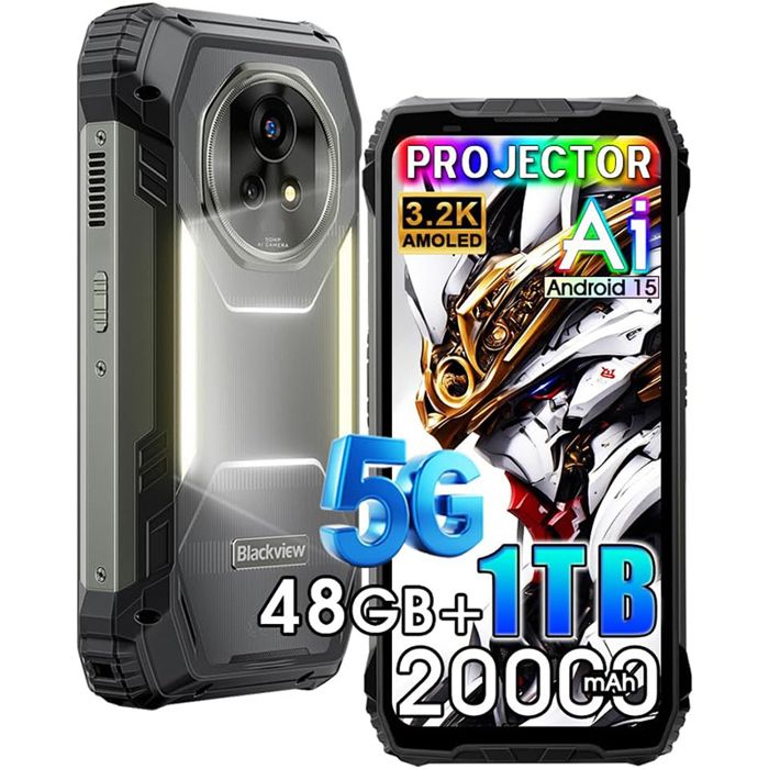 Blackview XPLORE 2 Projector 5G Téléphone Portable Incassable 20000mAh 48Go+1To Android 15 6.73 NFC/AI/Dual SIM - Noir