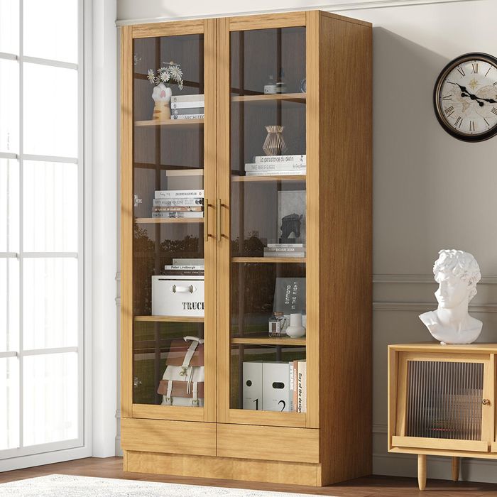 Vitrine verre étagères décalées tiroirs sans poignées 80×40×160 cm bois