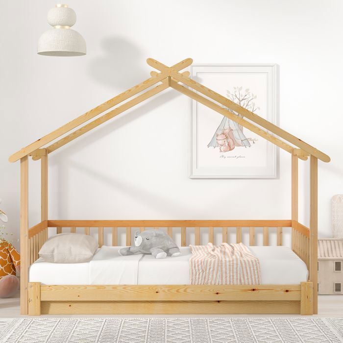 Lit cabane extensible lit de maison lit denfant lit de jour lit simple et double bois massif pur naturel (200x90cm)
