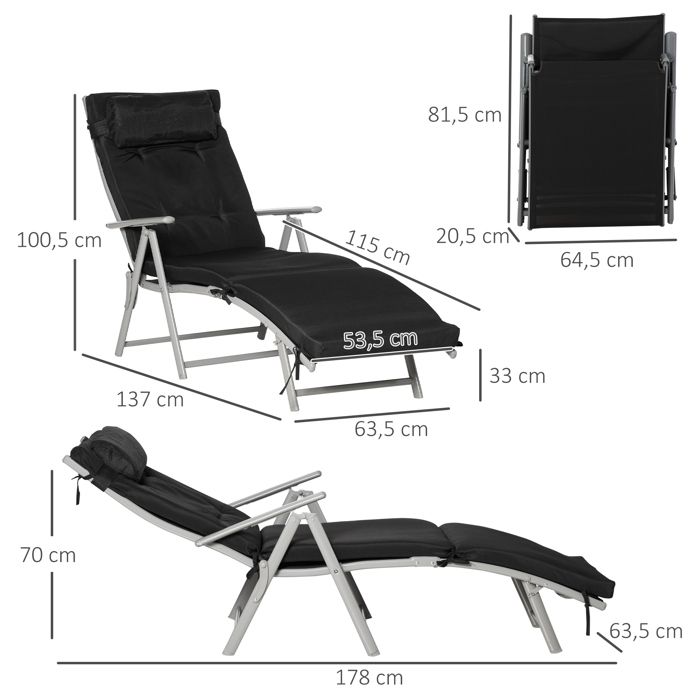 Chaise longue de plage pliable réglable en 7 positions résistante aux intempéries avec coussin Texteline polyester métal 137