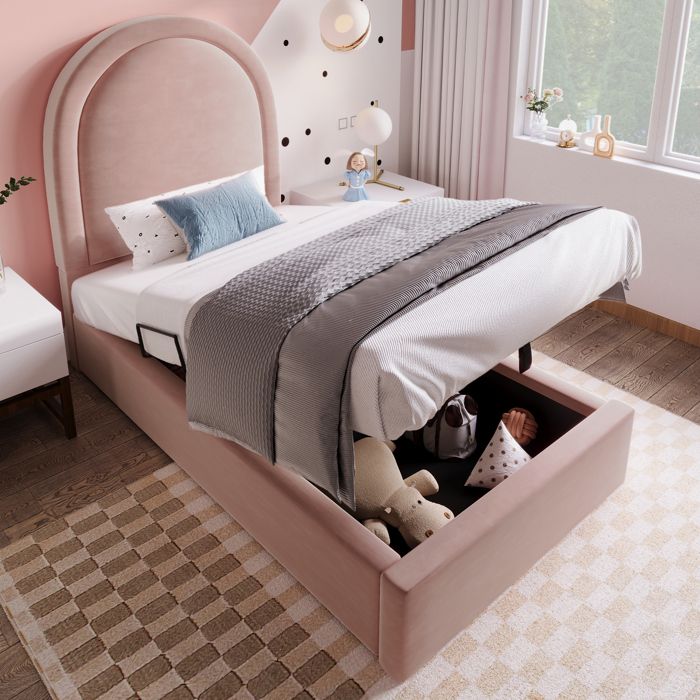Lit Coffre Enfant - MERAX - 90x190 cm - Sommier Relevable - Velours Rose - Design Demi-Arche Lit Coffre Enfant - MERAX - 90x190 cm - Sommier Relevable - Velours Rose - Design Demi-Arche