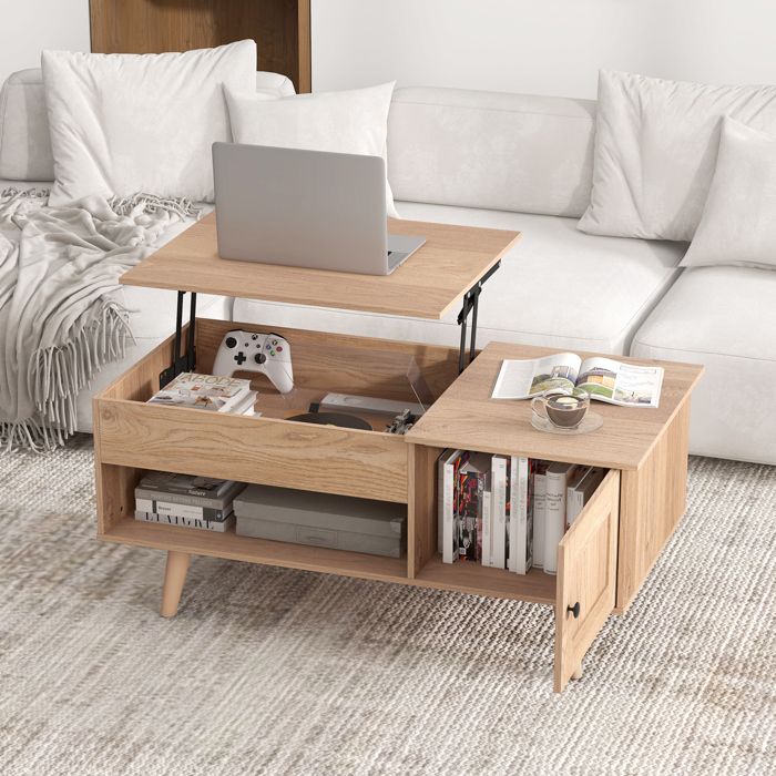 GIANTEX Table Basse à Plateau Relevable Compartiments Ouverts Armoire à porte 100 x 50 x 46 cm pour Salon Bureau Naturel