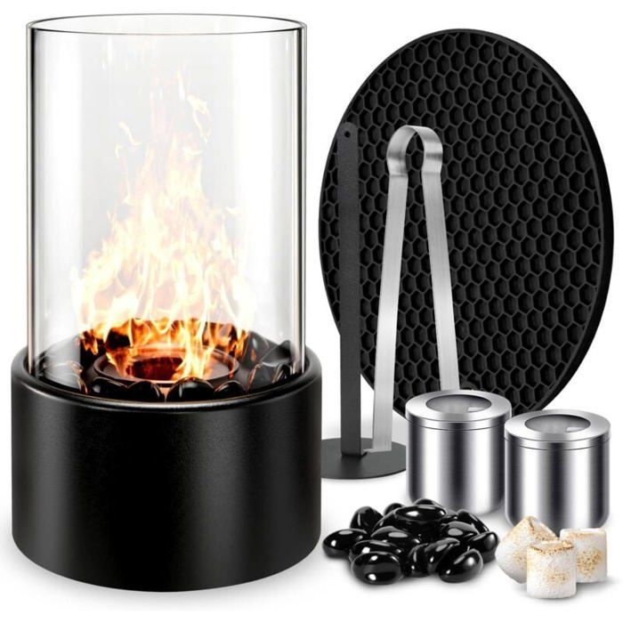Cheminée bioéthanol portable - PZCC - Ronde - Sans fumée - Verre trempé - Inox intérieur & extérieur