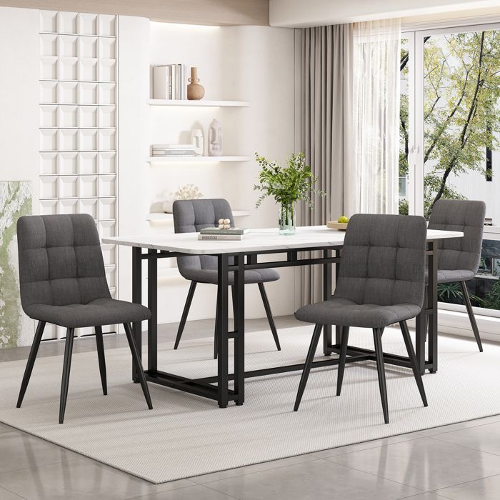 140x80cm Table à manger noire avec 4 chaises Set cuisine moderne Table à manger Set chaises à manger en lin gris foncé table à pi