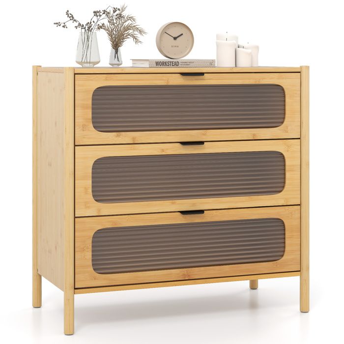 GIANTEX Commode en Bambou à 3 Tiroirs- Décoration en Verre Trempé- Table de Chevet- Meuble de Rangement- Chambre Salon- 80x40x78 5cm GIANTEX Commode en Bambou à 3 Tiroirs- Décoration en Verre Trempé- Table de Chevet- Meuble de Rangement- Chambre Salon- 80x40x78 5cm