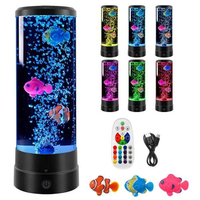 Lampe à lave LED fantaisie avec poisson - Lampe LED colonne deau à bulles - Lampe dambiance - Noir