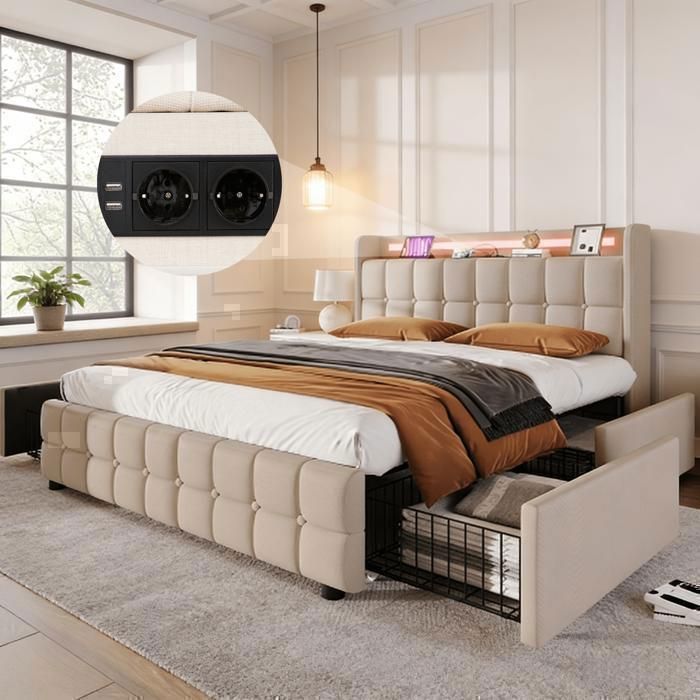 EIFSON 160 x 200 cm Lit double avec sommier à lattes - Tête de lit rembourrée avec éclairage LED et port USB - 4 tiroirs - Lin Beige