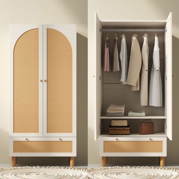Armoire Chambre Penderie - 2 Portes en Cannage - avec Grand Tiroir - Style Rustique – Blanche -180 cm Armoire Chambre Penderie - 2 Portes en Cannage - avec Grand Tiroir - Style Rustique – Blanche -180 cm