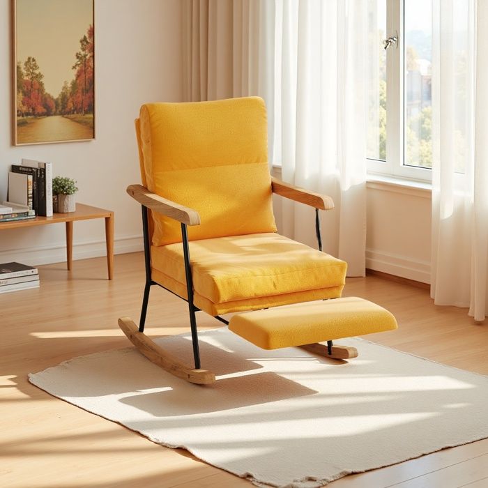 Fauteuil à Bascule Fauteuil de Relaxation Chaise à Bascule avec Repose-Pieds Rétractable Rocking Chair Rembourrée Lin Jaune