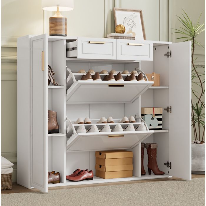 Meuble à chaussures. meuble dentrée de salon. étagères réglables. 4 portes et 2 tiroirs. 120×24×107cm. blanc