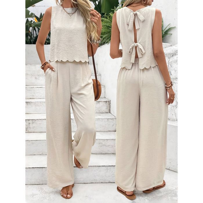 Ensemble femme 2 pièces : débardeur de sport sans manches et pantalon long décontracté pour l’extérieur-beige