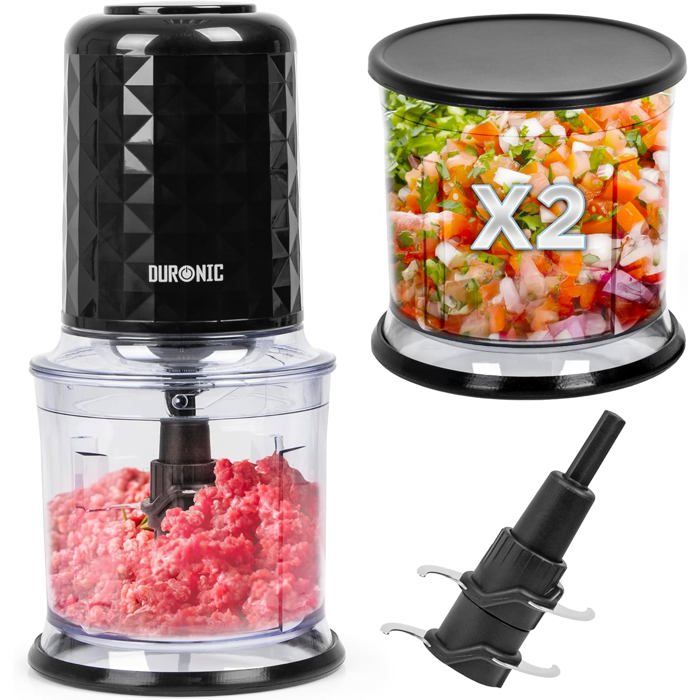 Duronic CH57 BK Mini hachoir 500W avec 2 bols de 700 ml avec couvercle Robot culinaire pour légumes fruits noix épices Permet de pré - Duronic