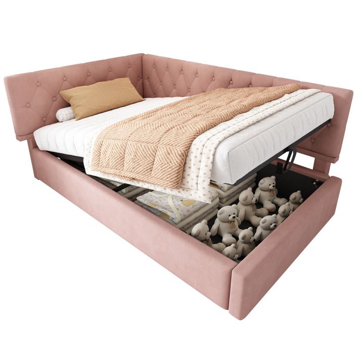 Lit banquette en velours rose avec tête L réversible et coffre de rangement hydraulique
