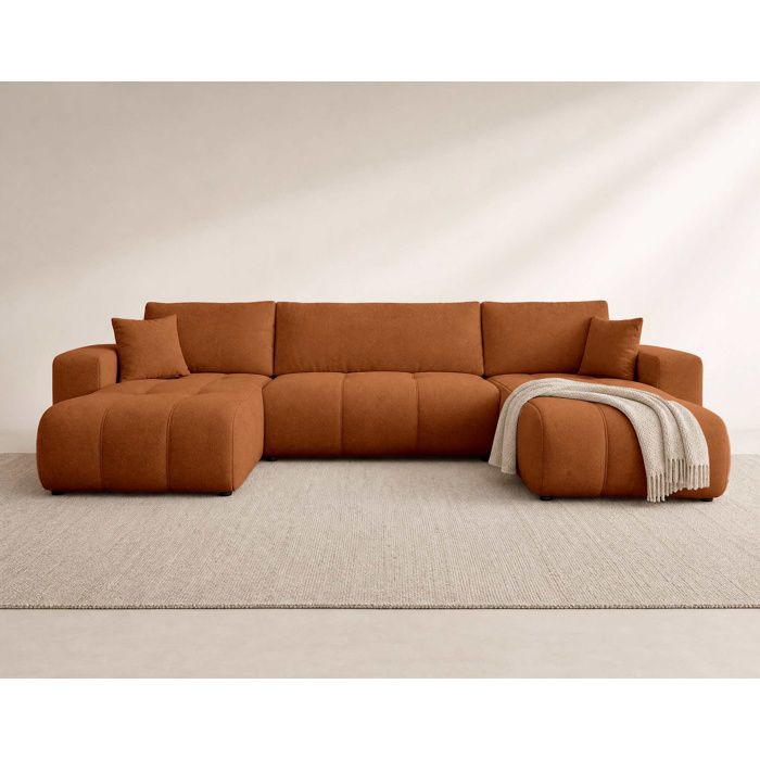 Nicole - Canapé panoramique en U 7 places convertible avec coffre en tissu - Rouille Nicole - Canapé panoramique en U 7 places convertible avec coffre en tissu - Rouille
