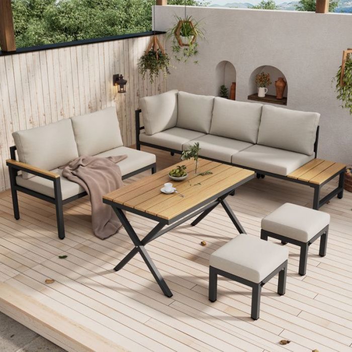 Salon de Jardin Exterieur Complet Canapé d’Angle 2 Tabourets et Table à Manger