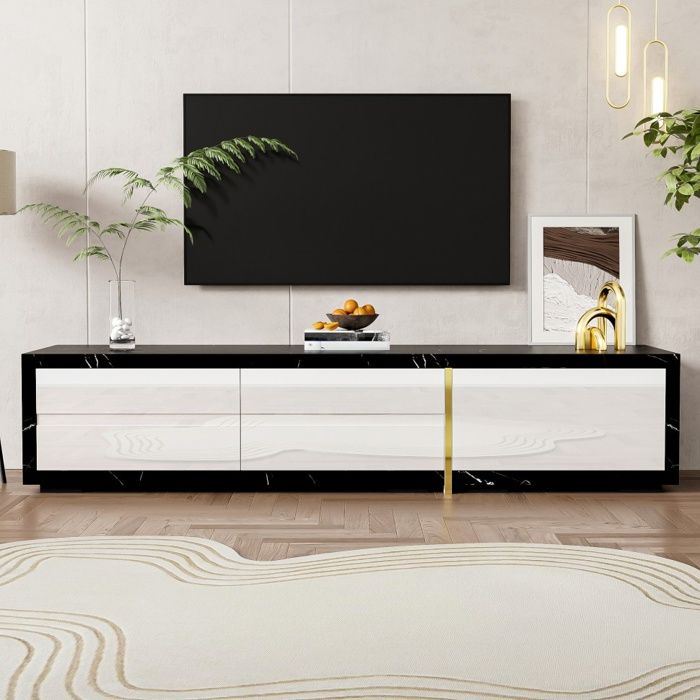 Meuble TV Extensible et Pivotant 140-260x40x30 cm - Design Marbre Noir Blanc Laqué et Détails Dorés - Blanc et Noir