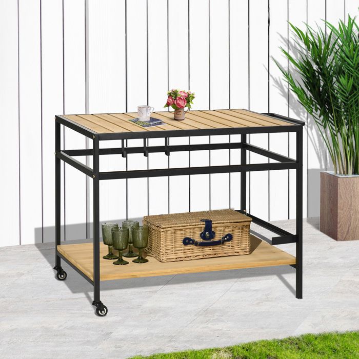 MOTHINESSTO1452-Desserte de jardin chariot pour plancha en bois et métal 2 étagères 3 crochets 107 x 65 x 80 cm noir naturel
