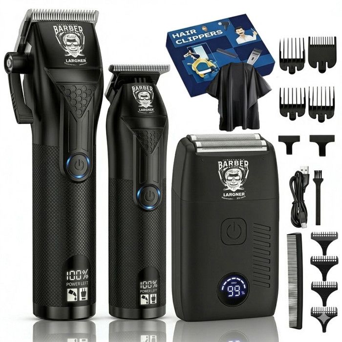 Kit barbier complet LARGNER : tondeuse finition rasoir numérique cape et peignes guides pour soins barbe et coiffure.