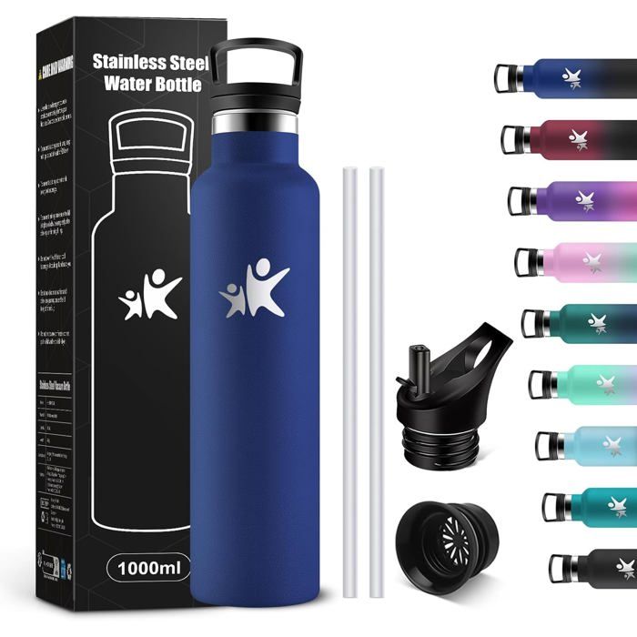 Gourde Isotherme 1L Bouteille Isotherme Acier Inoxydable Bouteille deau Étanche sans BPA Gourde Inox avec Paille Gourde