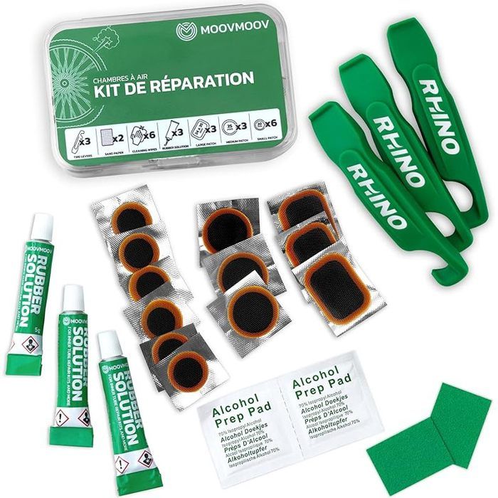 Kit Réparation Pneus Vélos - Contient Rustines Chambres à Air Tubes de Colle Vulcanisante Démontes-Pneus Rhino Papier de Verre