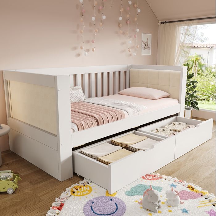 Lit de jour 90x190 cm – bois blanc – sommier à lattes inclus – 2 tiroirs – matelas non inclus