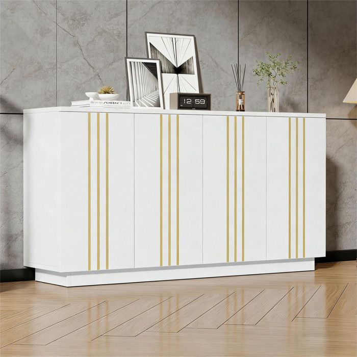 Buffet de salon meuble de rangement 4 portes buffet 35x140x70cm. Design orné de lignes dorées séparateurs réglables blanc et or