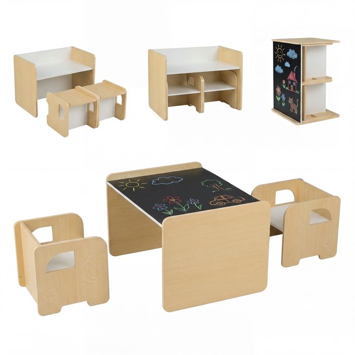 Ensemble 1 Table et 2 Chaises COSTWAY pour Enfants- Tableau Noir et Rangements MDF 3 Ans+ Modulaire Montessori