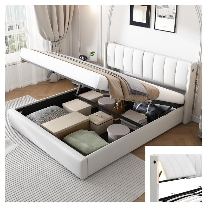 Lit coffre rembourré 160x200 lit 2 personnes LED USB Tête de lit réglable Design moderne PU Blanc