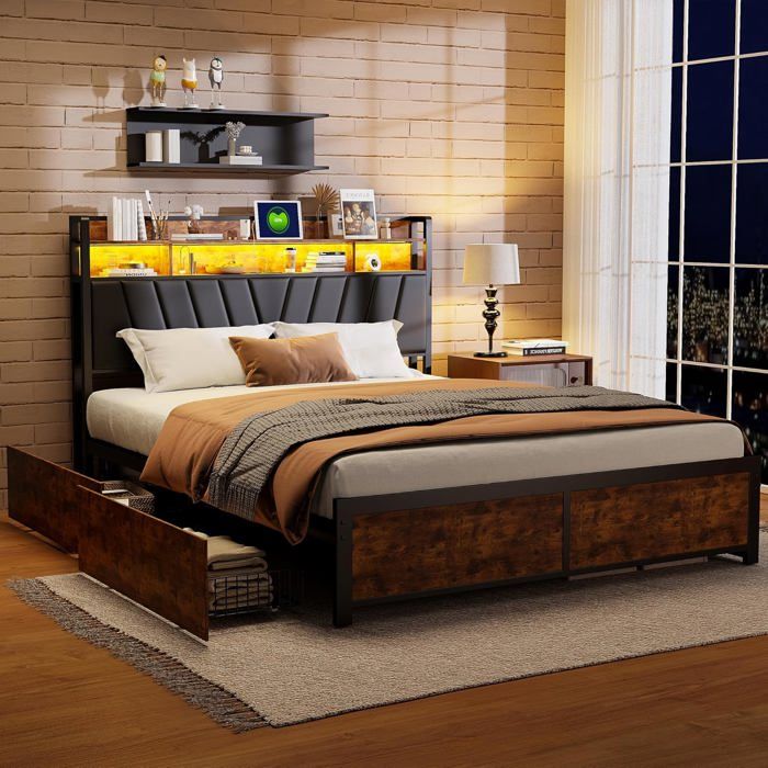 Lit rembourré 180x200 cm avec recharge USB & 4 tiroirs lit double avec LED 2 pers sommier à lattes bois PU noir